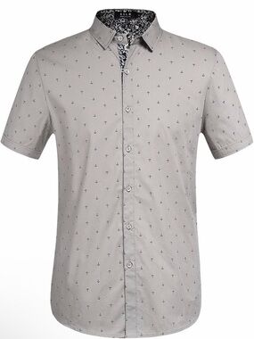 SSLR Short Sleeve Anchor-Print Button-Down Shirt in Light Gray